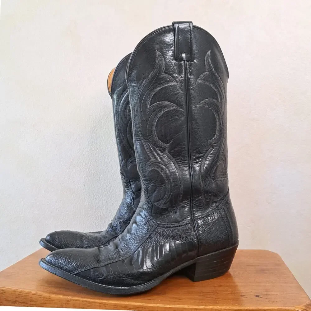 Vtg Nocona Men 8.5 D Black Ostrich Leg Leather Cowboy Boots Made In USA Snip Toe
